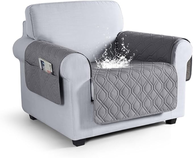 VANSOFY Waterproof Chair Seat Cover for Pets, Light Gray, 22" | Non-Slip, Washable, Utility Pockets, Pet Friendly, Furniture Protector Slipcover for 1 Seater Couch by VANSOFYFURNITURECOVERS