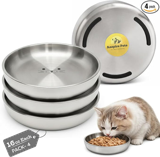 Stainless Steel Cat Food Bowl, 16 oz / 2 Cup Each, Heavy Duty Double Wall Insulated, Shallow Whisker-Friendly Design, Non-Slip Flat Base Dish for Cats & Kittens, D/W Safe (Pack of 4) by AASPIREPETS