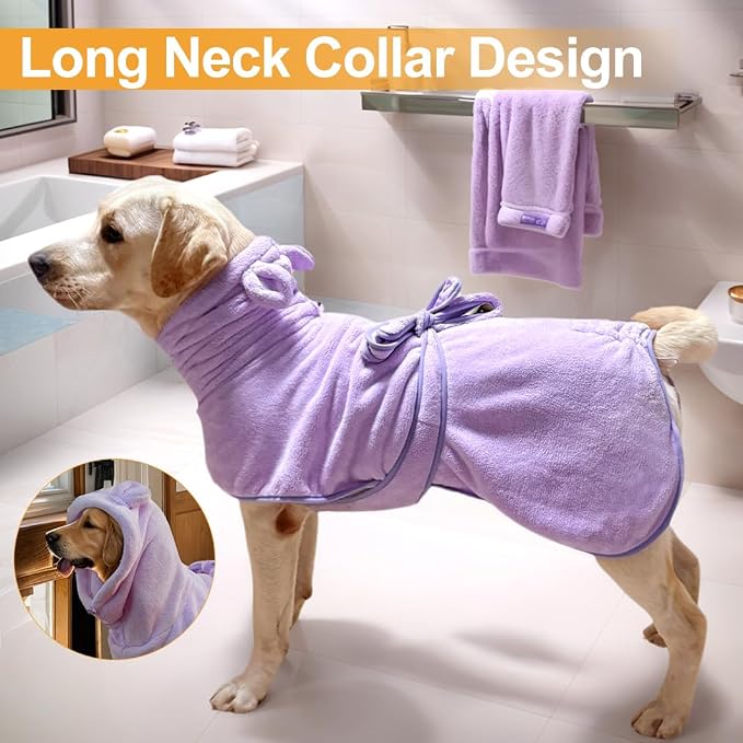 Medium to Large Size Dog Bathrobe, Quick Drying Super Absorbent, Warm Dog Towels, Adjustable Hoodies and Belts for Dog Bath Products (Purple,L) - Image 6