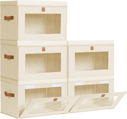 Homsorout Large Closet Storage Organizer - Clothes Storage Bins with Handles & Window, Collapsible Decorative Boxes with Lids, Fabric Containers for Living Room, Dorm, 5 Pack, Beige by Homsorout