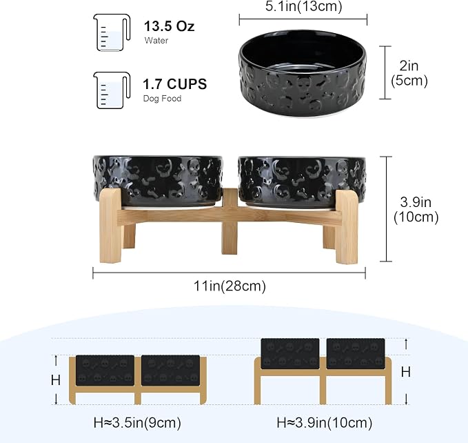 SPUNKYJUNKY Elevated Dog Bowls Ceramic, 5.1'' Dogs and Cat Food Water Bowls Raised with Non-Slip Bamboo Stand for Puppy Small Sized Breed Microwave Dishwasher Safe - 13.5 OZ,Skull Black - Image 2