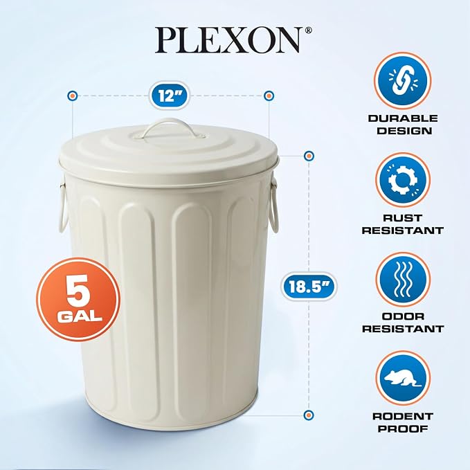 Plexon 5 Gallon Small Metal Trash Can with Lid Outdoor Galvanized Steel Bucket with Lid 5 Gal Storage Can for Dog Food Bird Seed Storage Container, Off-White - Image 6