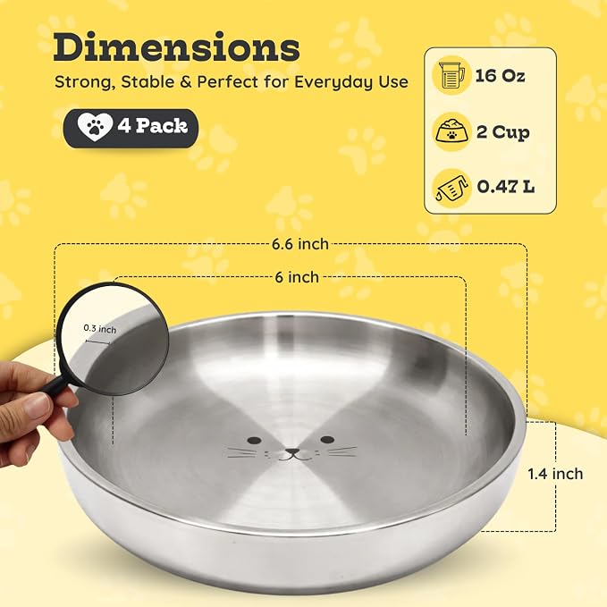 Stainless Steel Cat Food Bowl, 16 oz / 2 Cup Each, Heavy Duty Double Wall Insulated, Shallow Whisker-Friendly Design, Non-Slip Flat Base Dish for Cats & Kittens, D/W Safe (Pack of 4) - Image 5