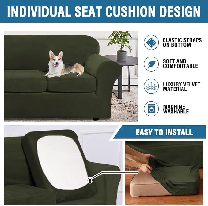 H.VERSAILTEX High Stretch Sofa Slipcover 4 Piece Cover Velvet Furniture Protector Form Fit Thick Velvet Extra Large Sofa Cover for 3 Cushion Couch Width Up to 97 Inch (Large Sofa, Olive) - Image 7