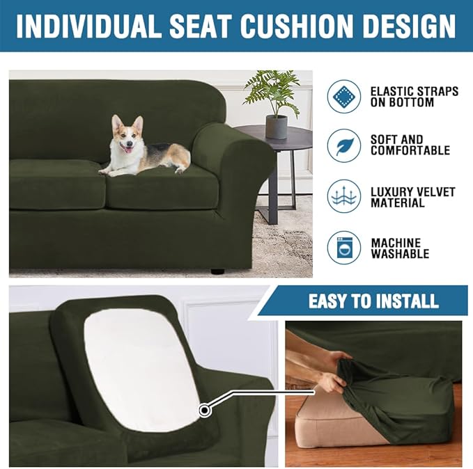 H.VERSAILTEX High Stretch Sofa Slipcover 4 Piece Cover Velvet Furniture Protector Form Fit Thick Velvet Extra Large Sofa Cover for 3 Cushion Couch Width Up to 97 Inch (Large Sofa, Olive) - Image 7