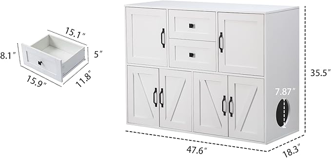 Forest Gravity Large Dog-Proof Double Cat Litter Box Enclosure with Storage for 2 Cats,Cat Washroom Cabinet with 2 Drawers,47.6'' Modern Dual Litter Box Furniture Cabinet with Compartments,White - Image 5