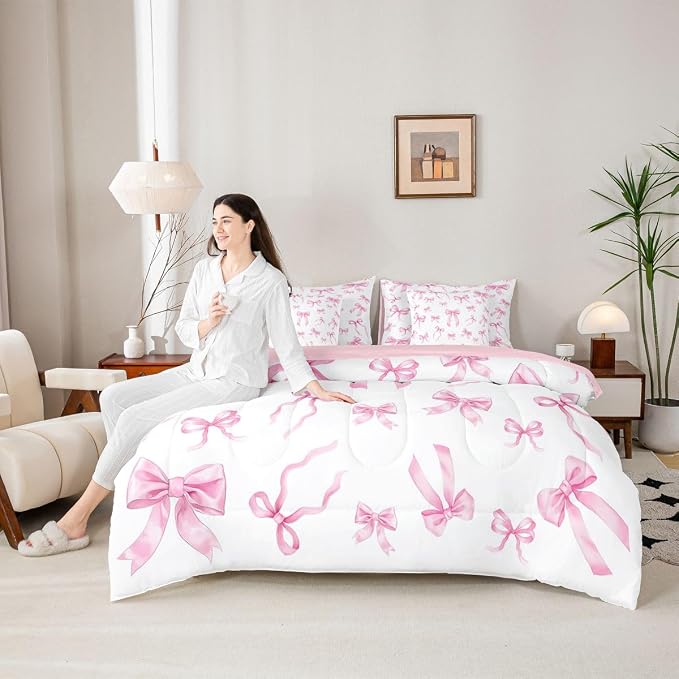 Erosebridal 7 Piece Cute Bowknot Kids Bedding Set King Bed in A Bag Pink Bow Comforter Set for Girls Watercolor Bows Ribbon Quilt Coquette Bow Decor Dreamy Princess Style Sheets Pink White Bed Set - Image 4
