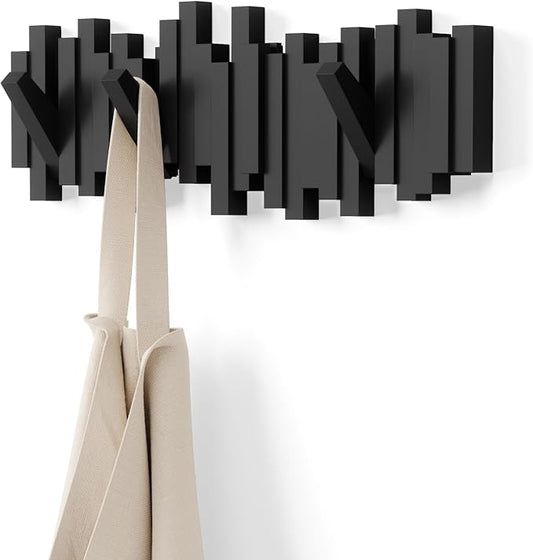 Umbra Sticks Wall Mount Coat Rack, 5 Hook Retractable Pegs, Black | Mounting hardware included, sculptural modern design, entryway or bedroom use, recycled plastic by Umbra