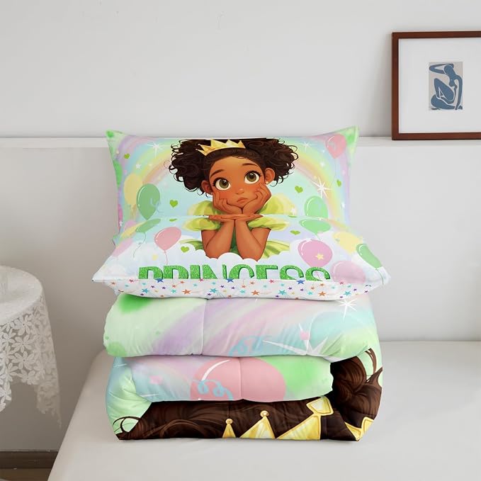 Manfei Black Princess Comforter Set Twin Size 2 Pcs,Green Love Hearts Rainbow Balloon Kawaii Bedding Set,Dreamy Girl Fairy Tale Theme Frog Golden Crown Quilt Set for Kids Girls Room,1 Pillowcase - Image 5