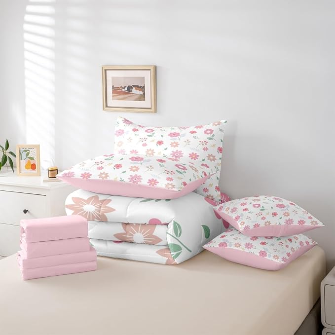 Feelyou Cute Flower 7 Piece Bedding Set Fresh Flower Floral Comforter Set with Sheets for Kids Boys Girls Nature Plants Bed in a Bag Pink Green Bed Set Soft Lightweight - Image 5