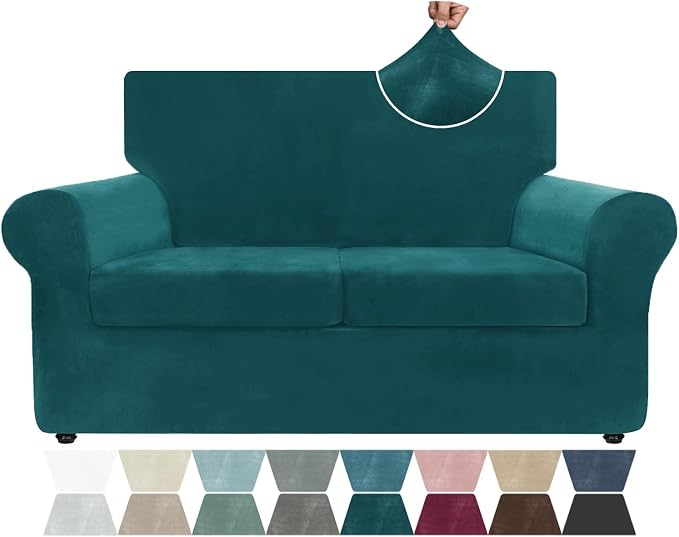 ZNSAYOTX Luxury Velvet Sofa Cover 3 Piece (57"-70") Stretch Loveseat Covers for 2 Cushion Couch Thick Soft Couch Slipcover with Non Slip Strap, Dog Pet Friendly Nice Furniture Protector (Deap Teal) by ZNSAYOTX