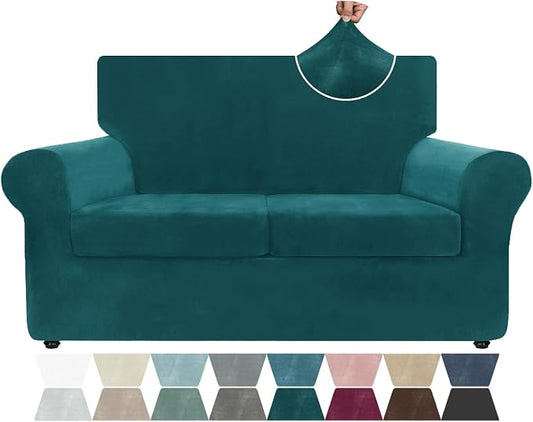 ZNSAYOTX Luxury Velvet Sofa Cover 3 Piece (57"-70") Stretch Loveseat Covers for 2 Cushion Couch Thick Soft Couch Slipcover with Non Slip Strap, Dog Pet Friendly Nice Furniture Protector (Deap Teal) by ZNSAYOTX