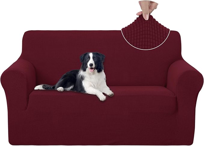U-NICE HOME Loveseat Cover Stretch Couch Cover Sofa Slipcover, Burgundy | 2 Cushion Sofa, 1-Piece Sofa cover, Washable, Pet friendly, Furniture protector, Polyester Spandex Jacquard fabric by U-NICEHOME