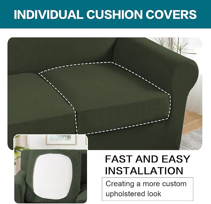 Turquoize 4 Piece Sofa Covers for 3 Cushion Couch Sofa Slipcover Soft Couch Cover for Dogs-Washable Sofa Furniture Covers with 3 Individual Large Cushion Covers (XL Sofa, Olive) - Image 5