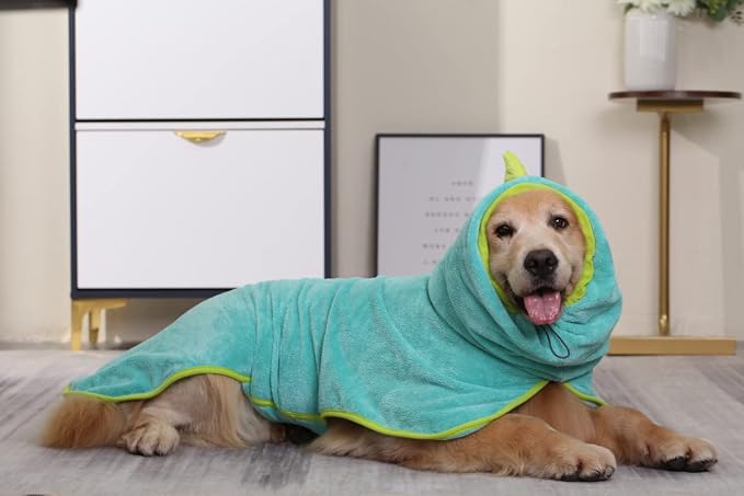Pawyee Super Soft Fast-Drying Dog Towel with Drying Gloves for Cold Weather, Beach, Pool - Adjustable Microfiber Bath Robe Set (2 pcs) for Cats and Dogs (XL, Blue Dino) - Image 2