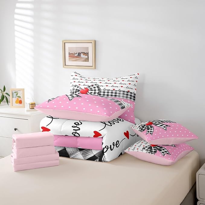 Erosebridal 7 Piece Valentine Bowknot Kids Comforter Set for Girls,Love Heart Shaped King Bedding Set for Girlfriend,Dreamy Princess Style Bed Set,Buffalo Plaid Grid Polka Dots Duvet Insert - Image 6