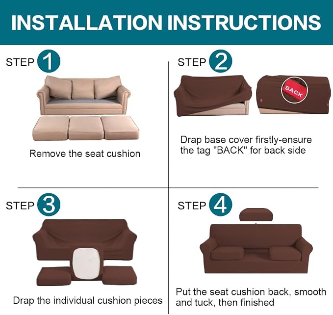 Turquoize 4 Piece Sofa Covers for 3 Cushion Couch Sofa Slipcover Soft Couch Cover for Dogs-Washable Sofa Furniture Covers with 3 Individual Large Cushion Covers (XL Sofa, Burnt Brick) - Image 6