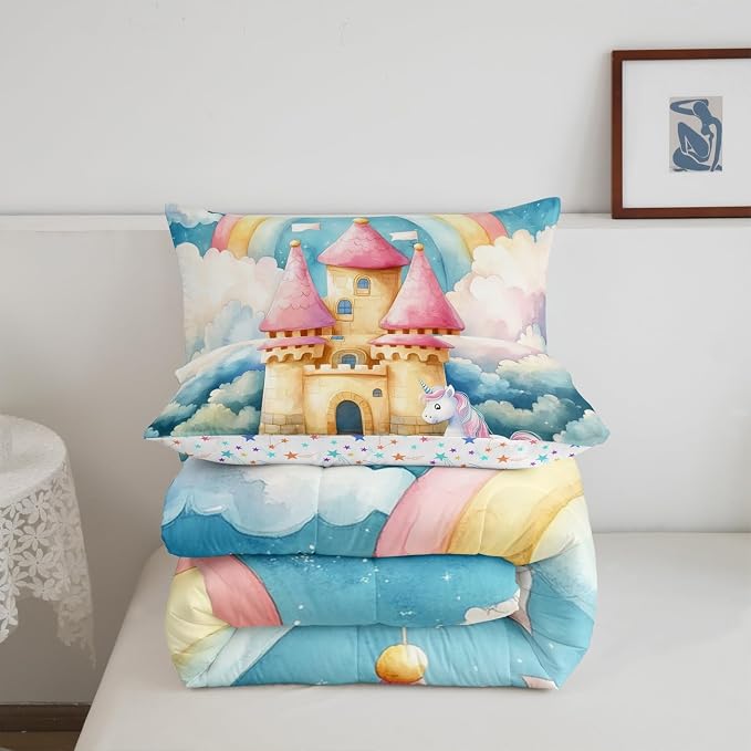 Manfei Cartoon Castle Comforter Set King Size,Lovely Unicorn Dreamy Rianbow Sky Watercolor Bedding Set for Adults Room,Fantasy Princess Style Fairy Tale Down Comforter,3 Pcs 2 Pillowcases - Image 5