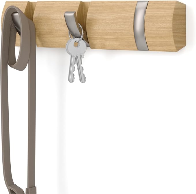 Umbra Flip Coat Rack, Wall Mount Retractable Hooks, 3-Hook, Natural/Nickel | Real wood and steel build, folds flat when not in use, holds coats bags and scarves, easy install by Umbra