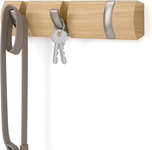 Umbra Flip Coat Rack, Wall Mount Retractable Hooks, 3-Hook, Natural/Nickel | Real wood and steel build, folds flat when not in use, holds coats bags and scarves, easy install by Umbra