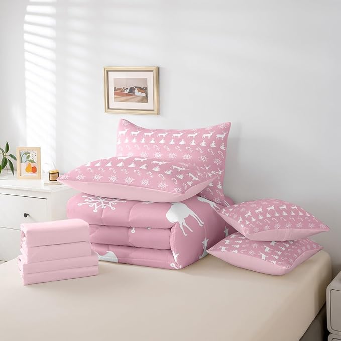 Erosebridal Christmas Full Bedding Set 7 Piece,Xmas Elk Deer Bed in A Bag,Candy Snowflake Comforter Set Pine Tree Woodland Animals Sheet Set with Comforter,Pink Christmas Decoration - Image 6