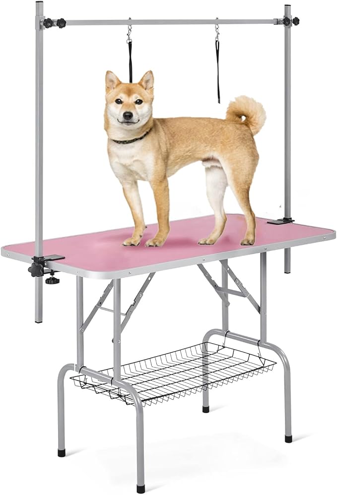 Professional Dog Pet Grooming Table Adjustable Heavy Duty Portable w/Arm & Noose & Mesh Tray (Pink, 42") by Anwick