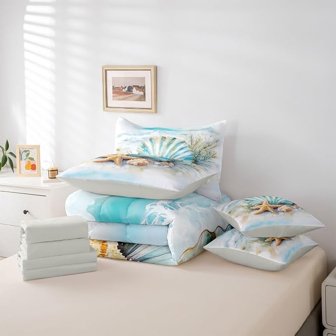Erosebridal Summer Beach Nautical Bed in A Bag, Blue Ocean Coastal Comforter Set with Sheets Twin, Shell Seaweed Starfish 7 Pcs Bedding Set for Kids Teens Youth Men Women, Seawaves Sea Life Bed Sets - Image 5