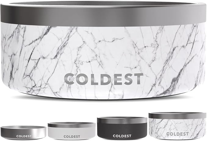 Coldest Dog Bowl - Anti Rust Metal, Non Slip, 3 Layers Insulated Stainless Steel Dog Bowls - Spill Proof & Heavy Duty - Water Bowl for Dogs, Cats & Pets, Dish Washer Safe (100 oz, Carrara Marble) by Coldest