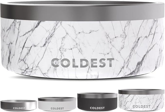 Coldest Dog Bowl - Anti Rust Metal, Non Slip, 3 Layers Insulated Stainless Steel Dog Bowls - Spill Proof & Heavy Duty - Water Bowl for Dogs, Cats & Pets, Dish Washer Safe (100 oz, Carrara Marble) by Coldest