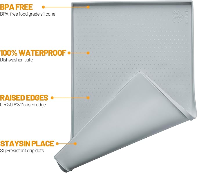 Hubulk Dog Feeding Mat,100% Waterproof Food Grade Silicone Pet Food and Water Bowl Placemat,Dishwasher, High Raised Edge to Prevent Spills,Nonslip Tray to Stop Messes on Floor（24"x16"x0.5", Mist） - Image 2