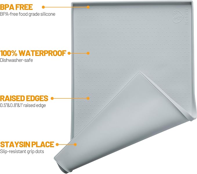 Hubulk Dog Feeding Mat,100% Waterproof Food Grade Silicone Pet Food and Water Bowl Placemat,Dishwasher, High Raised Edge to Prevent Spills,Nonslip Tray to Stop Messes on Floor（19"x12"x0.5", Mist） - Image 2