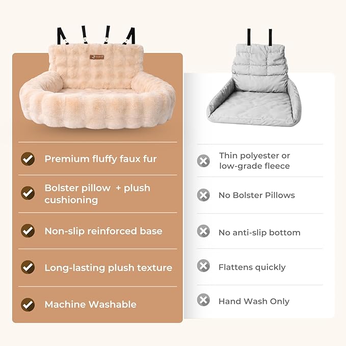 Pelsbarn Luxurious Cozy Car Bed - M/L Luxury Travel Dog Bed with Safety Belt - Ultra Soft Faux Fur - Beige
