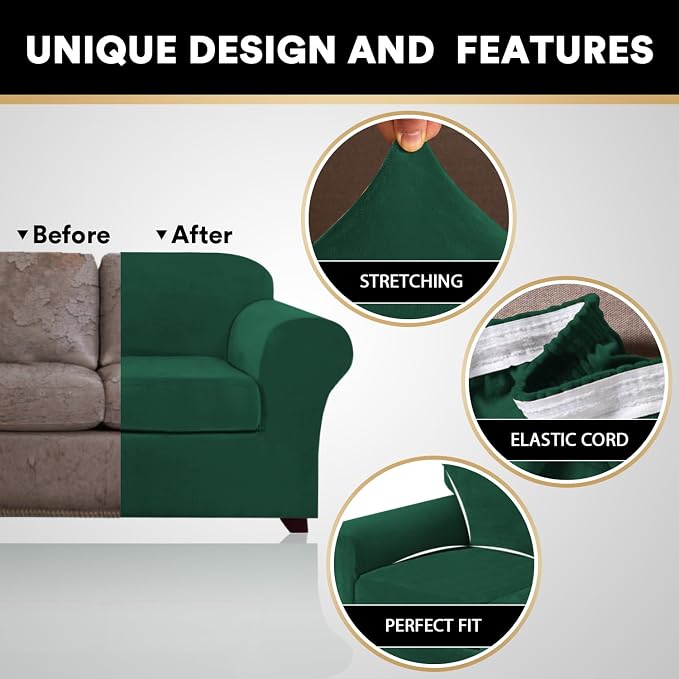 PrinceDeco 3 Pieces Sofa Covers Velvet Couch Covers for 2 Cushion Sofa Soft Sofa Covers for 2 Cushion Couch Width Up to 90 Inch Feature Thick Soft Stay in Plac(Medium-Large, Green) - Image 3