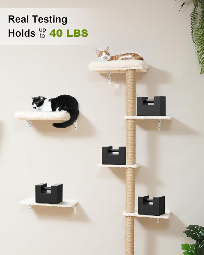 FUKUMARU Cat Wall Shelves Set, 70 inch Wall Mounted Tree, Beige | Kitten Scratching Post with Soft Cushion Perch, Space Saving Climbing Wall Furniture for 16 Inch Drywall - Image 6