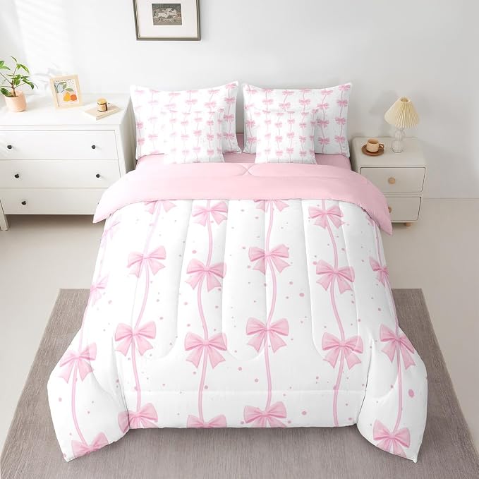 Feelyou Pink Bow 7 Piece Bedding Set Pretty Bowknot Comforter Set with Sheets for Kids Boys Girls Pink White Bed in a Bag Cute Wave Dot Bed Set Soft Lightweight - Image 2