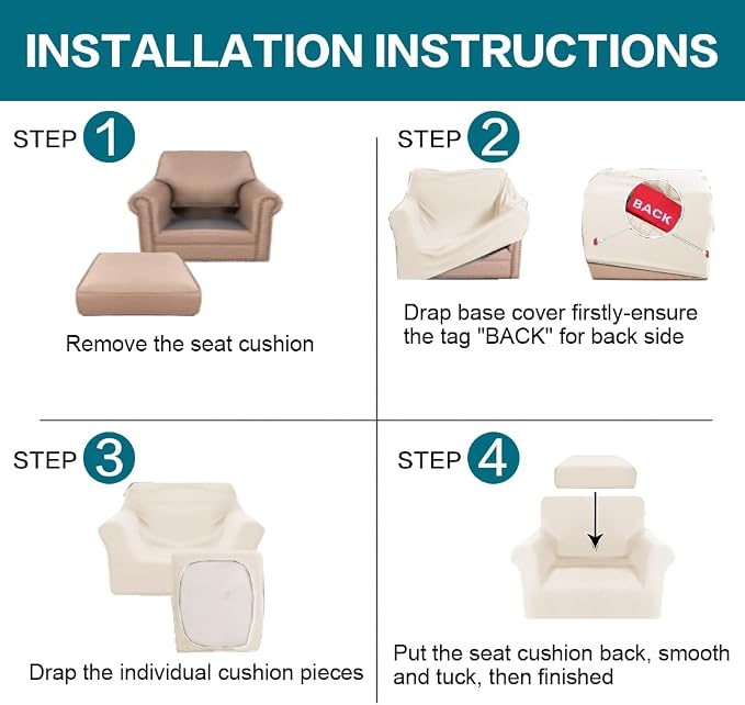 Turquoize 2 Piece Chair Covers Armchair Slipcovers for Living Room Armchair Sofa Cover with Individual Cushion Covers Feature Jacquard Fabric (Chair, Cream) - Image 6
