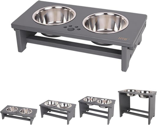 HTB Elevated Dog Bowl Stand with 2 Stainless Steel Bowls-4" H Small Grey | Raised Dog Bowl Stand, 4"tall, 21 Oz Bowls, for Small Sized Dogs, Pet-safe, Solid Bamboo by HTB