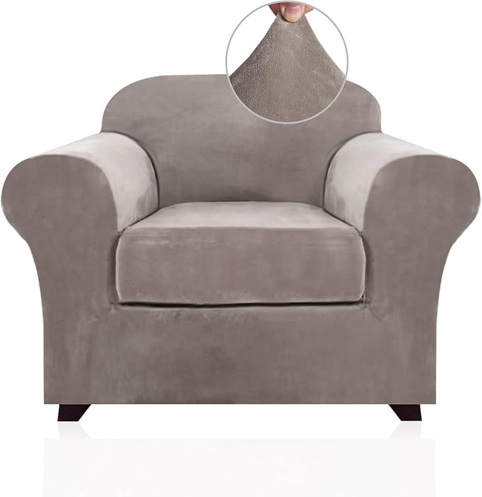 PrinceDeco Velvet Plush Couch Cover Stretch 2 Piece Chair Cover Chair Slipcover Washable Furniture Protector Couch Soft with Elastic Bottom Armchair Cover Width Up to 49 Inch(Small, Taupe) by PrinceDeco