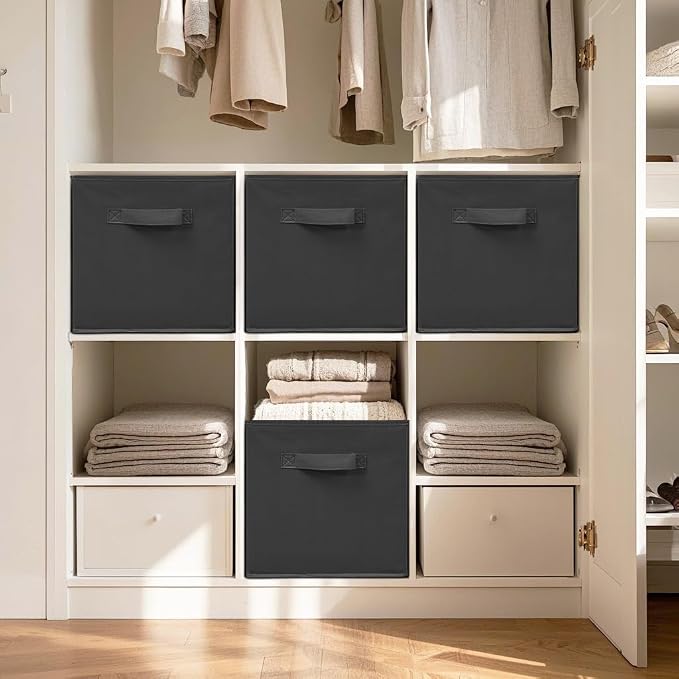 11 Inch Fabric Storage Cubes, Sturdy Foldable Storage Bins, Heavy Duty Cube Organizer for Clothes, Blankets, Shelves, Closets, Bedroom, Living Room, Black, 7 Pack - Image 5