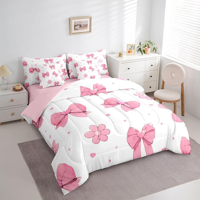 Erosebridal Pink Bows Twin 7 Piece Comforter Set for Girls Bedroom Bowknot Bedding Set Bed in A Bag Dreamy Coquette Bow Bed Set Girly Ribbon Heart Flowers Quilt Comforter with Sheets - Image 2