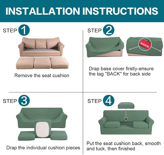 Turquoize 4 Piece Sofa Covers for 3 Cushion Couch Sofa Slipcover Soft Couch Cover for Dogs-Washable Sofa Furniture Covers with 3 Individual Cushion Covers Jacquard Fabric (3 Cushion Sofa, Loden Frost) - Image 6