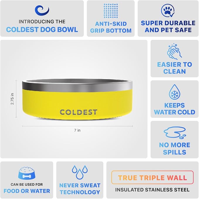 Coldest Dog Bowl - Anti Rust Metal, Non Slip, 3 Layers Insulated Stainless Steel Dog Bowls - Spill Proof & Heavy Duty - Water Bowl for Dogs, Cats & Pets, Dish Washer Safe (42 oz, Solar Yellow) - Image 5