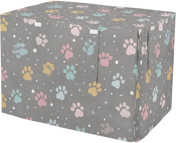 Dog Crate Cover Kennel Cover for Dog Cages Breathable for Wire Cage Indoor Outdoor Grey Paw Print Dots Stars by QwThum