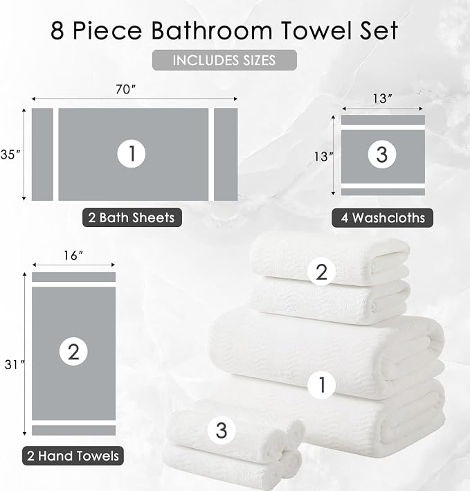 8 Piece Bath Towel Set White|2 Oversized Large Bath Sheet,2 Hand Towels,4 Washcloths| Ultra Soft Cozy Bath Towel Set for Bathroom Hotel Gym Spa,Highly Absorbent & Quick Dry Bathroom Towel Collections - Image 5