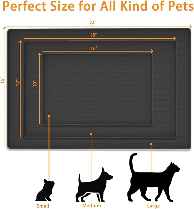 24" x 16" Dog Food Mat, Silicone Pet Mats for Food and Water, Nonslip Pet Feeding Mats for Floors, Dog Cat Bowl Mat with Raised Edges, Dark Gray - Image 2
