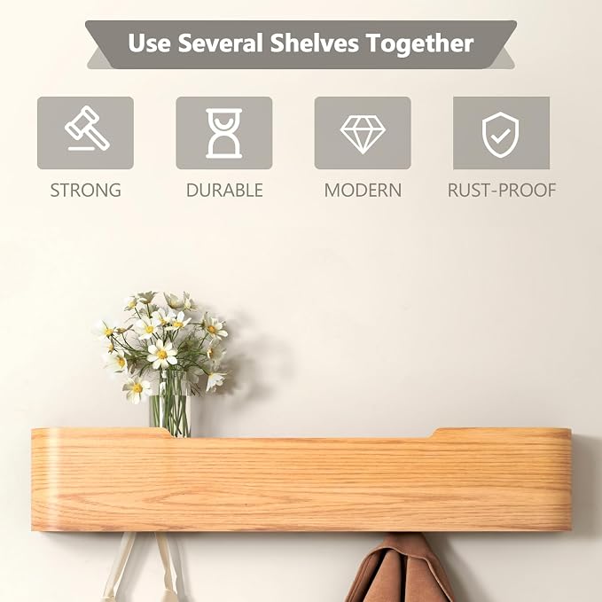 Wall Mounted Coat Rack with Shelf, Wooden Entryway Organizer with Hidden Metal Hooks for Hanging Coats Bags Keys, Modern Floating Shelf for Hallway Bathroom (Oak, 5 Hooks) - Image 8