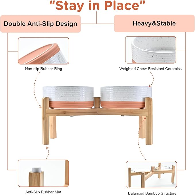 SPUNKYJUNKY Elevated Dog Bowls Ceramic, 7.3'' Dogs Food Water Bowls Raised with Non-Slip Bamboo Stand for Medium to Large Sized Breed Microwave Dishwasher Safe - 42 OZ,Pattern White - Image 4
