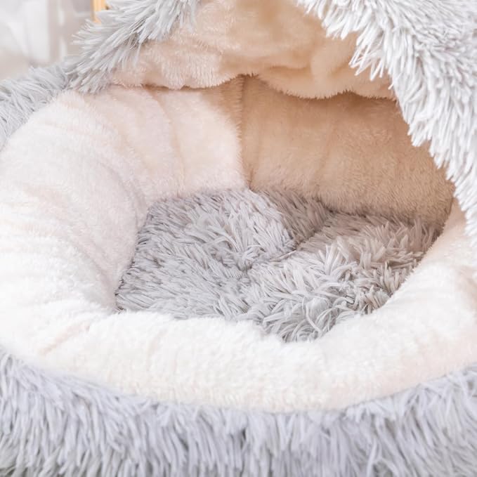 PetPals Round Cat Bed with Hoodie Cover and Removeable Washable Cushion | Super Soft Faux Fur Pet Bed with Cover for Puppies and Kittens or Ferrets Small Pets with Anti-Slip Bottom, Light Gray - Image 6