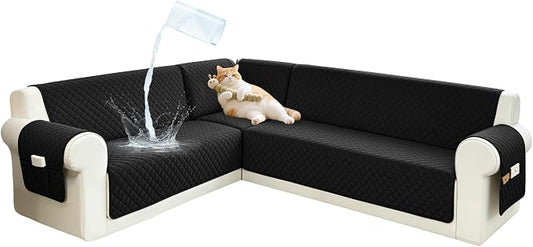 Sectional Couch Covers for Dogs 100% Waterproof Corner L Shaped Sofa Cover Pet Friendly Velvet Washable Anti Slip L Shape Modular Sofa Slipcover Protector with Pockets (Black, XL Plus) by SYJOVIA
