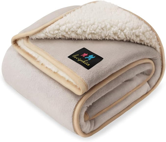 Luciphia Waterproof Pet Blanket, Liquid Pee Proof Dog Blanket for Sofa Bed Couch, Reversible Sherpa Fleece Furniture Protector Cover for Small Medium Large Dogs Cats, Khaki+Beige Large（65" x 57"） by luciphia
